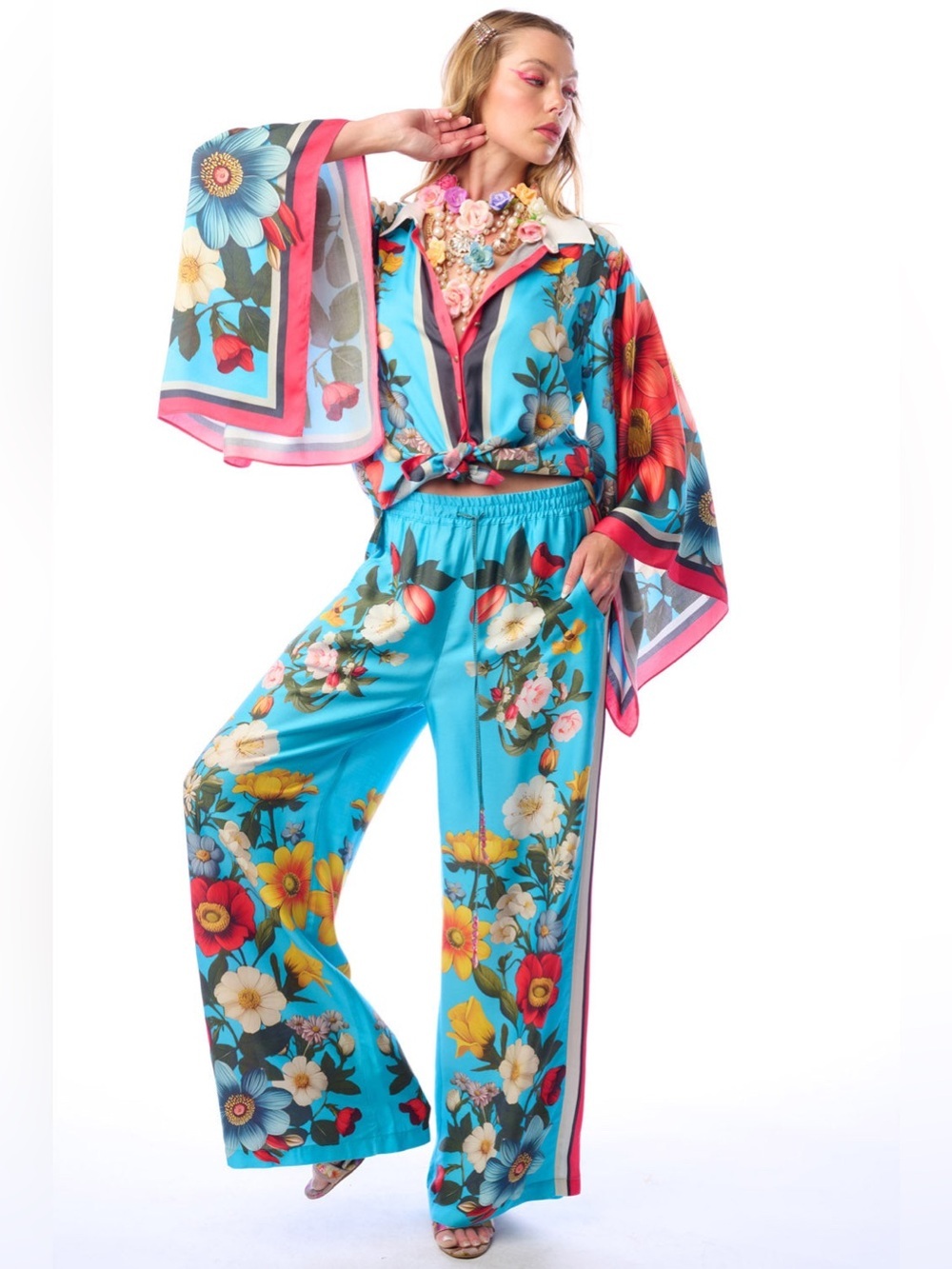 Aratta Blue Floral Wide Leg Pants L Boho Resort Coastal Grandma NWT - Picture 7 of 8